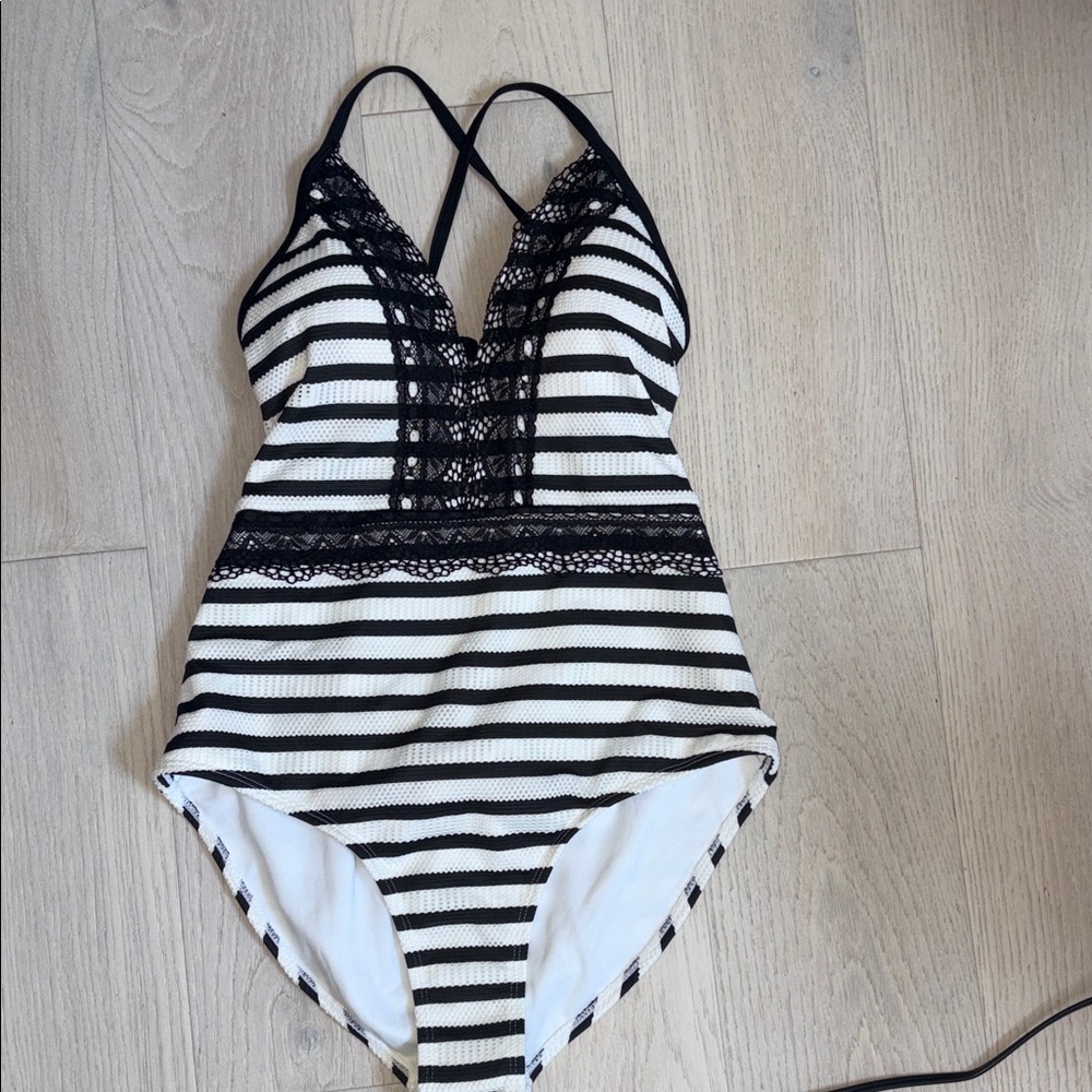 Unique sexy Black & White Striped Lace-Trim One-Piece